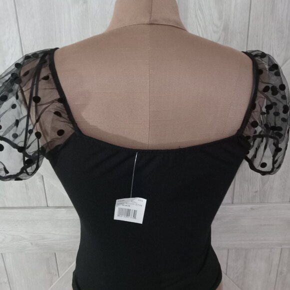 AMBIANCE-NWT Black Sheer Lace Polka Dot Puff Sleeve Elegant Mesh Top-Size-M - Picture 4 of 12